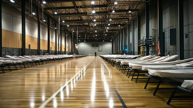 Rows of cots in a modern gymnasium, with stacks of bottled water and emergency food rations along the far wall.