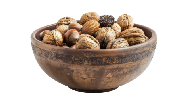 Clay bowl overflowing with assorted nuts and raisins on transparent background - Powered by Adobe