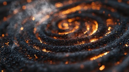 A detailed shot of darkened ashes with bright glowing embers still radiating warmth, small sparks flickering in the air.