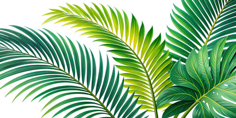 Lush green palm leaves displaying a variety of textures and shades illuminated by soft light Transparent PNG