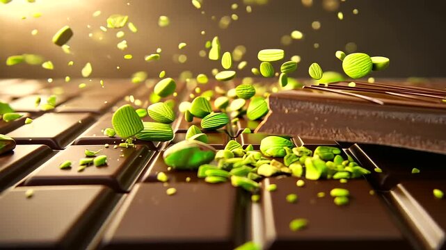 Close-up of a gourmet chocolate bar adorned with delicate strands of green kadayif and whole pistachios, with soft lighting highlighting its texture.