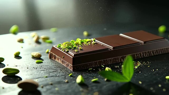 A decadent chocolate bar with green kadayif cascading over the edges, surrounded by scattered pistachios on a dark, moody background.