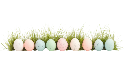 Row of pastel easter eggs in green grass on transparent background