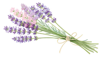 Fototapeta premium Lavender bouquet with fresh lavender and pink flowers tied with string for a rustic touch Transparent PNG Transparent PNG