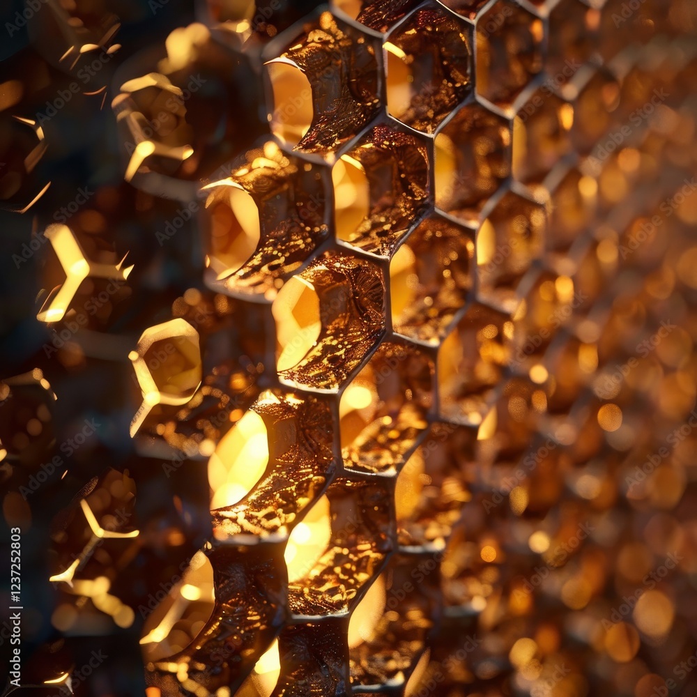 Poster captivating close-up: illuminated golden honeycomb patterns in detailed view