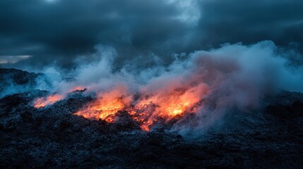 Fototapeta premium A soft and intimate shot of glowing embers resting on a pile of ash, with wisps of smoke gently rising toward the dark sky.