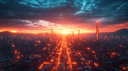 Futuristic cityscape with glowing neon lights at sunset, skyscrapers and dramatic sky