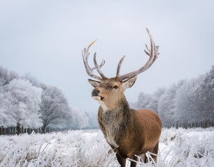Fototapeta premium Majestic red deer standing in snowy winter landscape