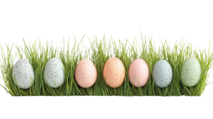 Colorful easter eggs nestling in green grass on transparent background