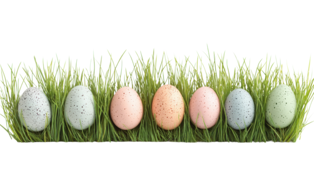 Colorful easter eggs nestling in green grass on transparent background