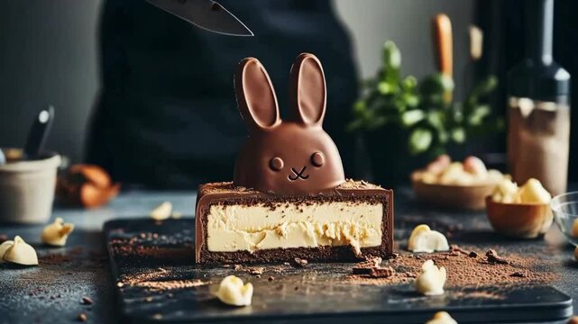 Cut Easter bunny shaped milk chocolate cacke with velvet creamy filling