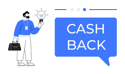 Businessman holding light bulb, briefcase in hand, large CASH BACK text in blue speech bubble. Ideal for financial incentives, saving strategies, rewards programs, business innovation, creative
