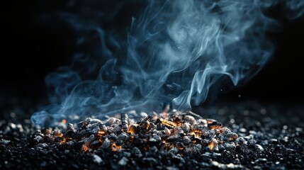 Close-up of warm embers glowing softly amid a pile of ashes, with wisps of smoke drifting upward into a night sky filled with stars.