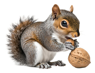 Obraz premium Squirrel holding a walnut in a playful pose isolated on transparent background