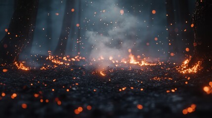 Fototapeta premium Macro view of glowing ashes with scattered embers and smoke rising gently, captured in the stillness of a quiet night.