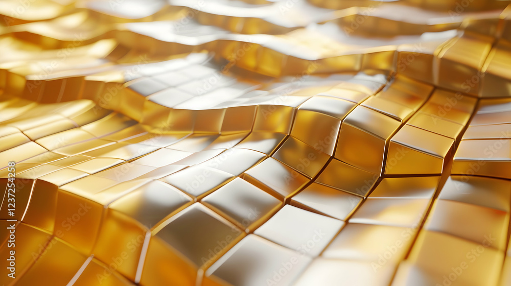 Poster a close-up view of a textured, golden surface with wavy patterns and reflections.