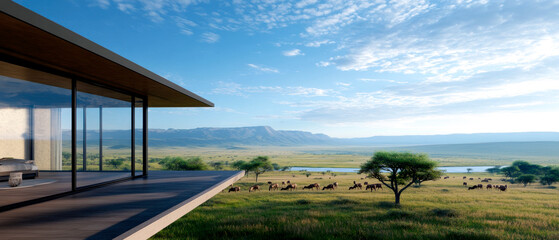 Obraz premium Modern architecture blends with nature, showcasing a scenic landscape of rolling hills and grazing cattle under a vast sky.