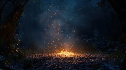 Wide angle of a forest fire aftermath with glowing embers scattered over the ground, soft smoke rising and the last sparks fading.