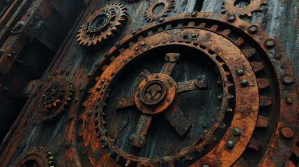 Obraz premium Close-up of vintage gears and mechanisms on an old metal door, showcasing intricate design.