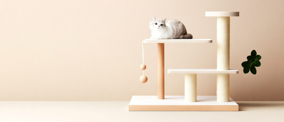 A cozy cat tree with a playful cat resting atop it, set against a soft beige background, blending aesthetics and comfort.