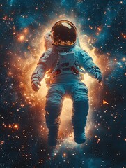 Fototapeta premium Astronaut Floating in Space, Surrounded by Nebula and Stars, Dramatic Lighting, Blue, Orange, White Suit, Concept Art