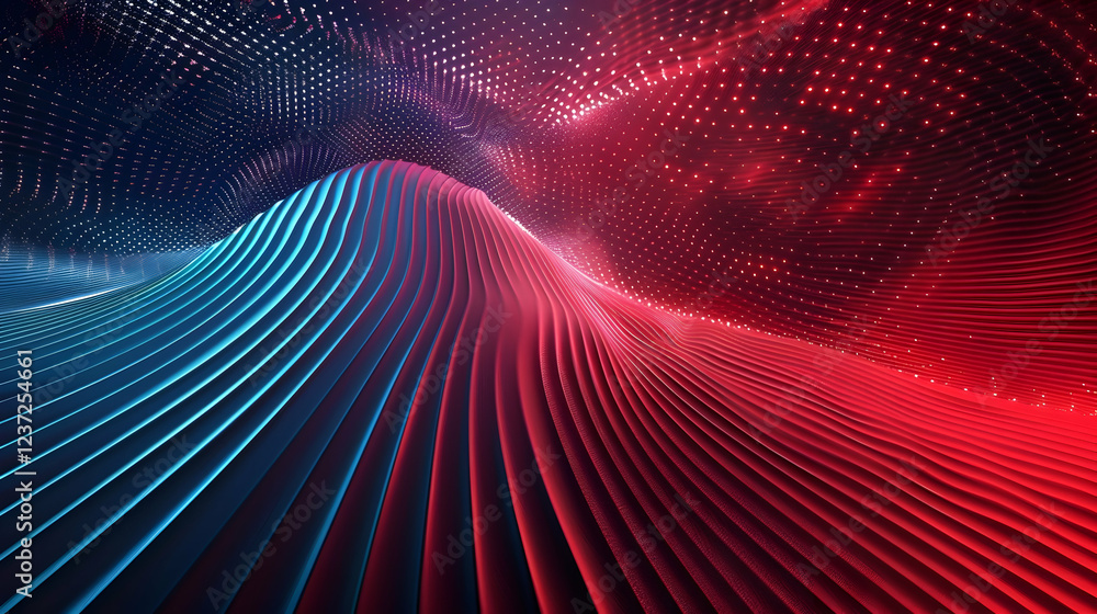 Poster abstract waves in red and blue, creating a dynamic, digital landscape.