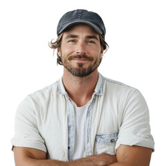 Smiling man wearing a cap and casual shirt isolated on transparent background