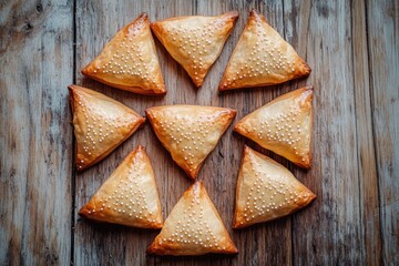 These savory triangular pastries have a golden brown exterior and are served in an appetizing arrangement.