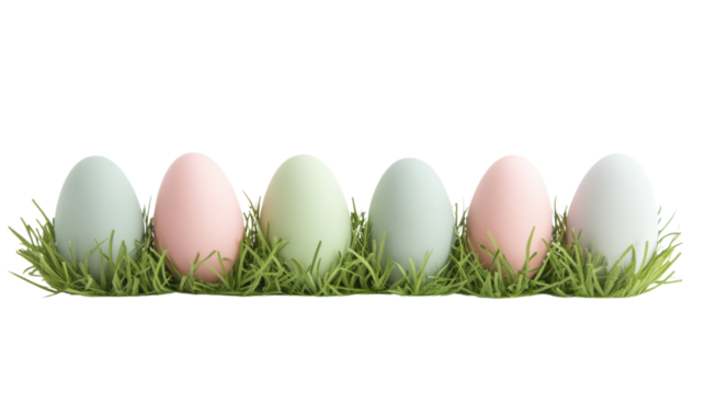 Pastel colored easter eggs lying in green grass on transparent background