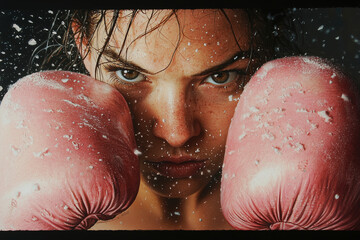 Unwavering Gaze: A Boxer's Determination. A hyperrealistic painting capturing the intensity and focus of a female boxer moments before a fight. The image is full of power and emotion. World Cancer Day