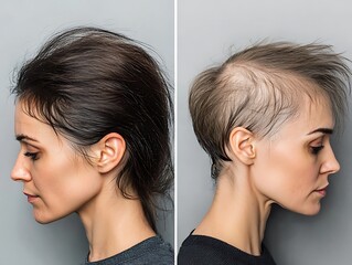 Woman with hair loss problem before and after treatment on grey background collage Visiting trichologist