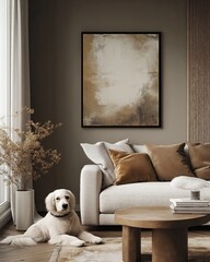 Dog moody, Pet Influence, Modern living room interior featuring a cozy dog stylish decor natural light contemporary design relaxed atmosphere