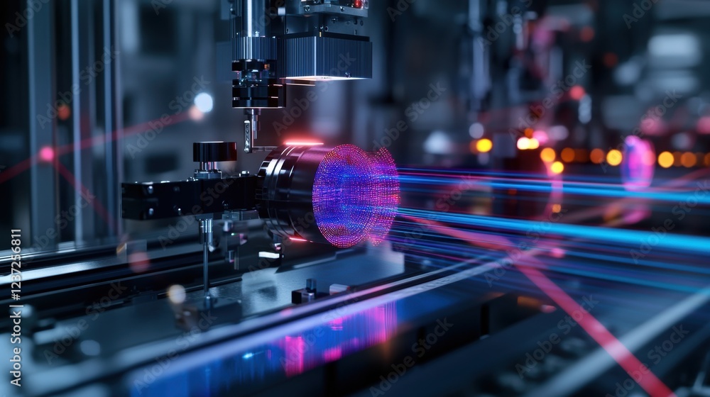 Aufkleber in a technologically advanced factory, a robotic arm processes metallic cylindrical components using