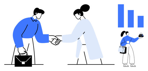 Two professionals shaking hands in mutual agreement, while another colleague analyzes data trends. Ideal for business partnerships, professional agreements, networking, teamwork, data analysis