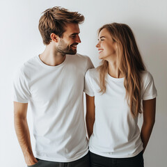 Obraz premium Smiling Young Couple in Matching White T-Shirts Against Minimalist Background