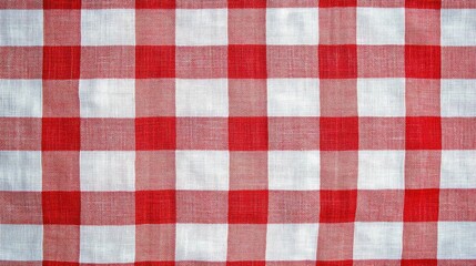 Red and white checkered tablecloth pattern close-up with woven texture
