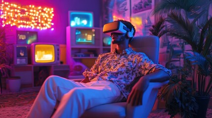 Man relaxing with vr headset in retro futuristic room full of neon lights and vintage electronics