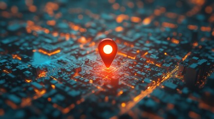 Aerial view of city map with glowing location pin in futuristic, detailed dark urban landscape