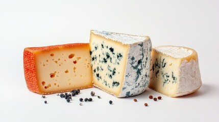 Three different types of cheese are displayed on a white background. The cheeses are cut into slices and arranged in a way that they look like they are ready to be eaten