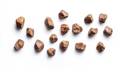 Obraz premium Scattered dark chocolate chunks, white background, food photography, recipe ingredient