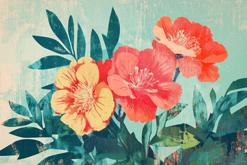 Vibrant Floral Composition with Colorful Blooms and Green Leaves