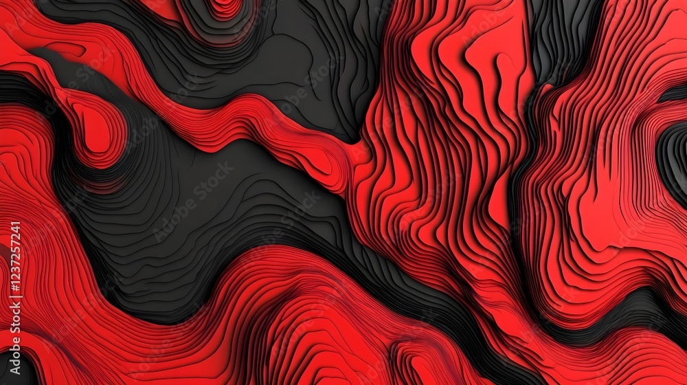 Wall mural abstract red and black line pattern with layered topographic effect