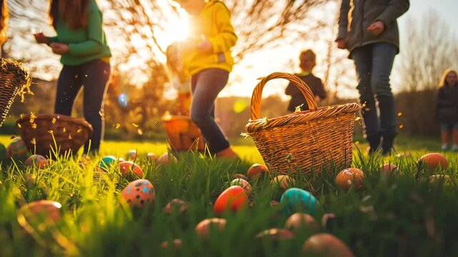 Close up video of Easter eggs and busket in a spring grass while egg hunt. Children are  searching on the background