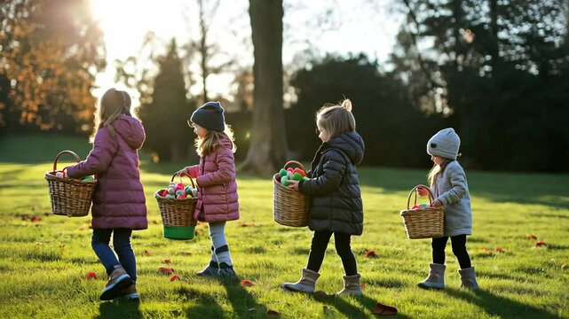 Happy children have fun on the Easter egg hunt. Walking with easter buskets full of eggs