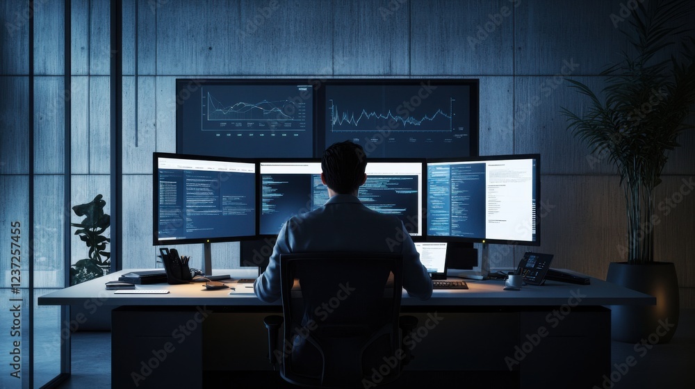Aufkleber man analyzing data on multiple monitors in modern office at night