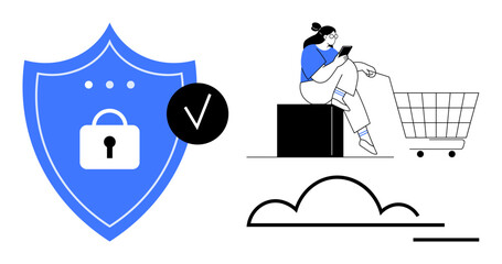 Shield with lock representing security, woman using phone near shopping cart, cloud icon. Ideal for ecommerce security, mobile usage, online transactions, cloud computing, technology, data