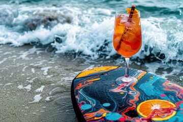 Enjoying a refreshing cocktail on a vibrant paddle board by the waves in Italy's serene beachscape