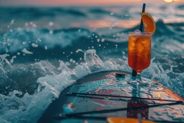 Enjoying an Aperol spritz on a colorful paddle board along the Italian beach at sunset