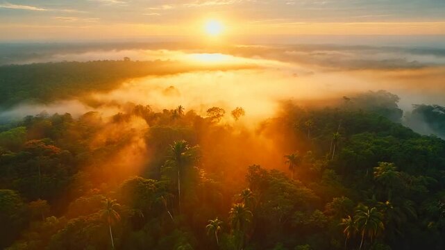 Early morning light casts a warm glow over dense rainforest, with mist swirling gently among the trees and the sun rising in the distance.