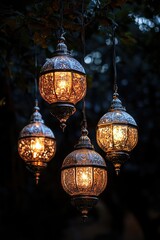 Obraz premium String of hanging Islamic lanterns glowing at night, with intricate designs illuminating the surroundings.
